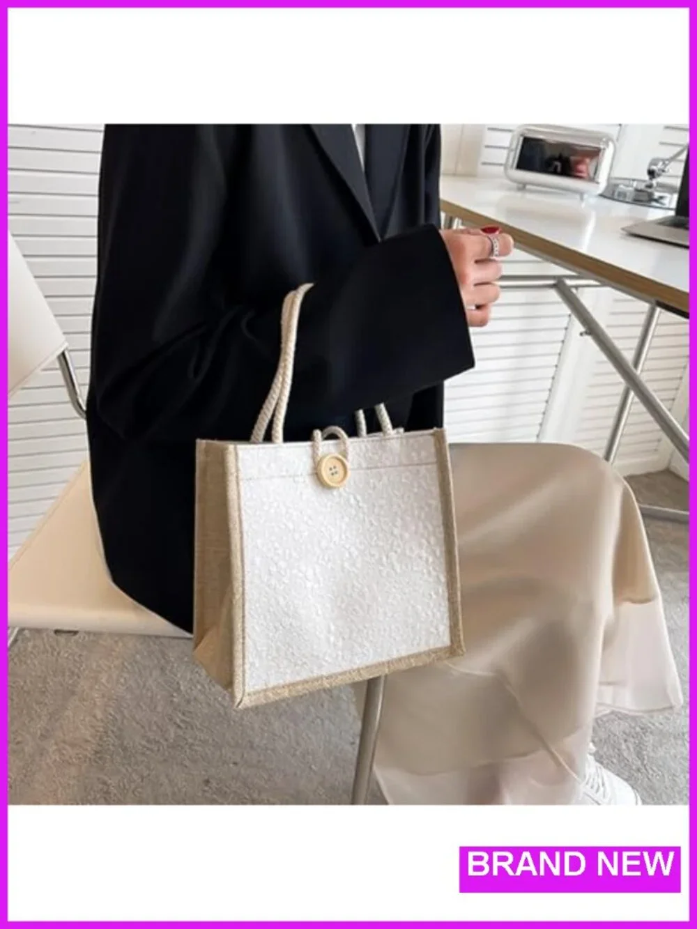 2pcs Jute Tote Bag Embroidered Reusable Grocery Shopping Bento Bag